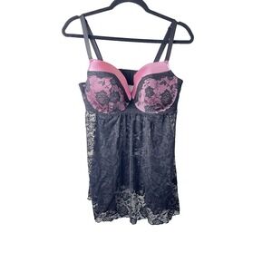 Y2K Black Lace Babydoll Lingerie – Pink Bustier, Fairycore Coquette, Women's